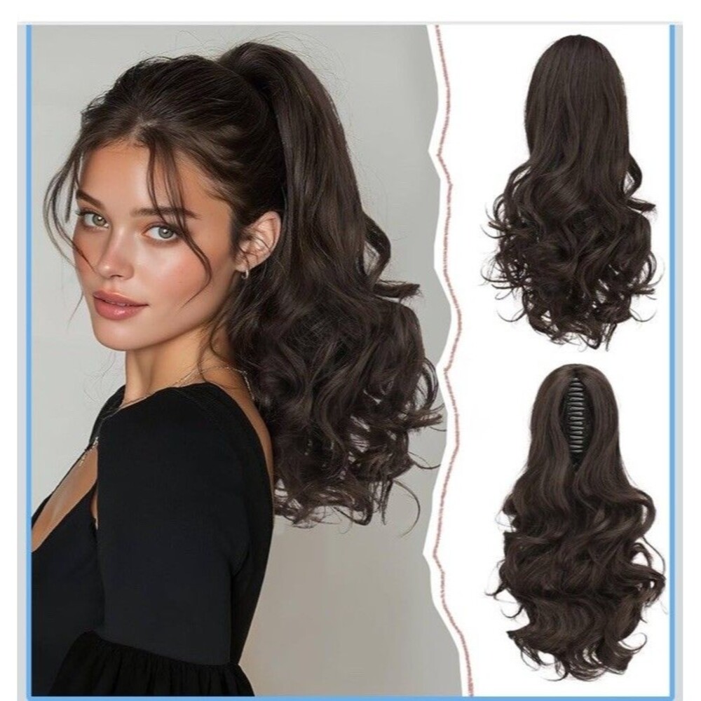 Sofeiyan 14” Ponytail Ext. Long Curly Ponytail Clip Claw Hair Extension Dk Brown